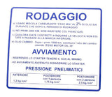 Targhetta blu 'rodaggio' Piaggio Vespa Rally 180-200cc 610170M001